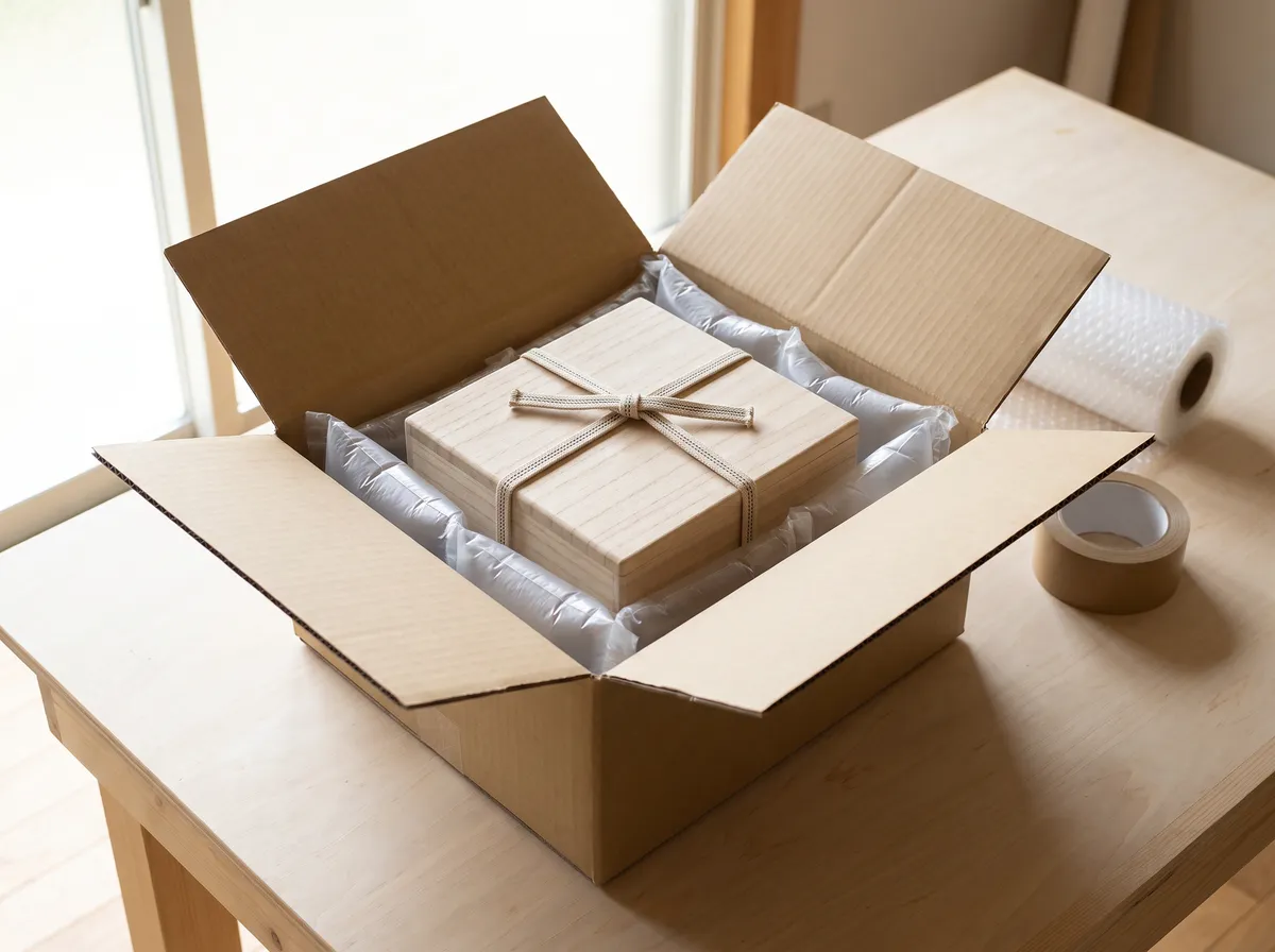A piece in its wooden box, cushioned with air pillows inside a sturdy 3 mm shipping carton