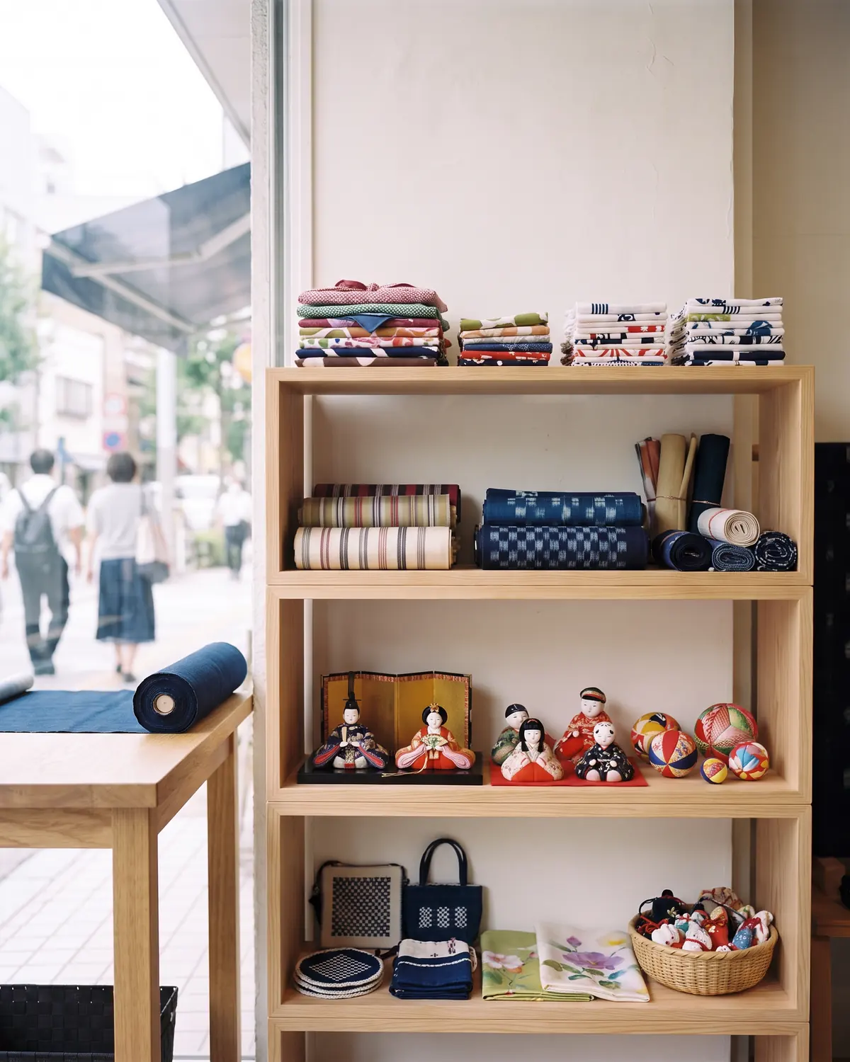 Furoshiki, obi, indigo kasuri and silk dolls — the pattern is planned in thread.